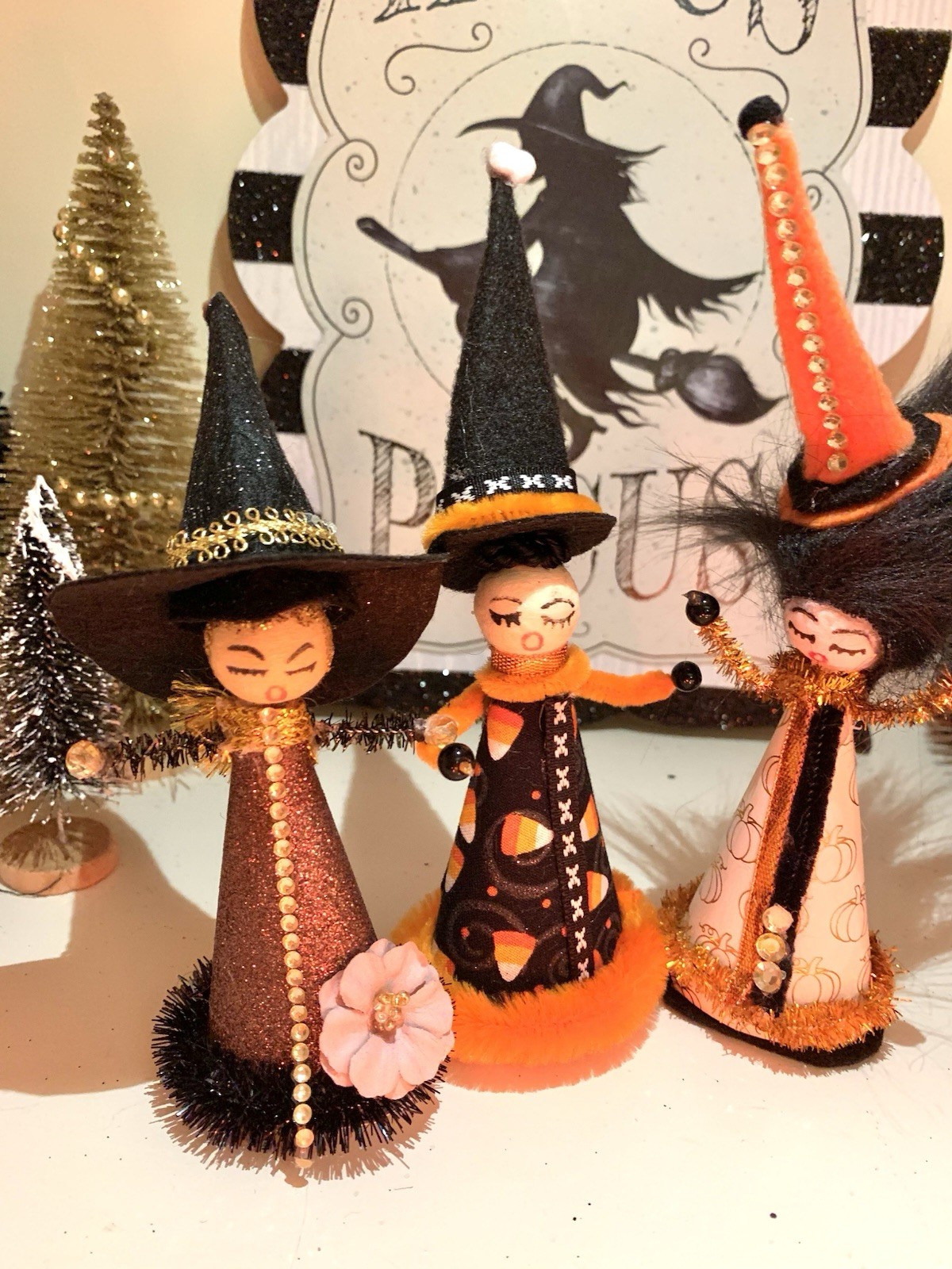 Trio of Cotton Spun Head Witches OOAK Halloween Decor Witch Dolls Trio of Cotton Spun Head Witches OOAK Halloween Decor Witch Dolls