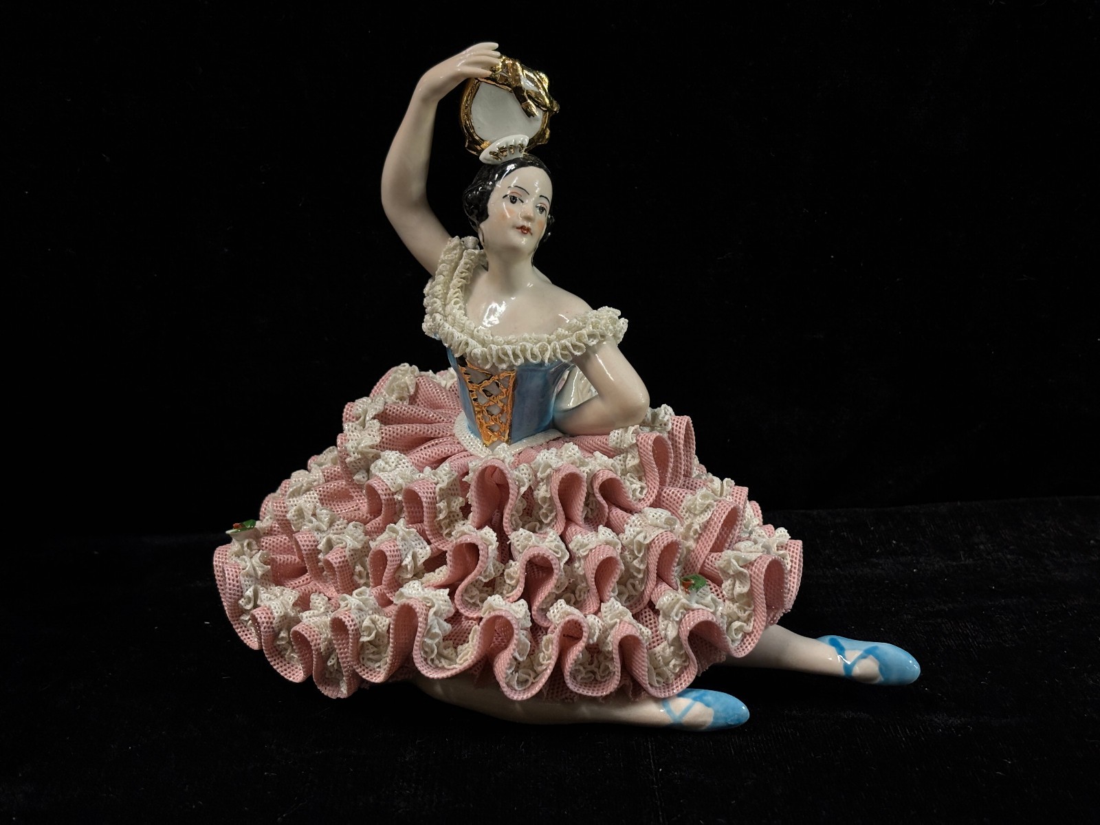 German Dresden Lace Porcelain Spanish Dancer Figurine w/ Tamborine, 7