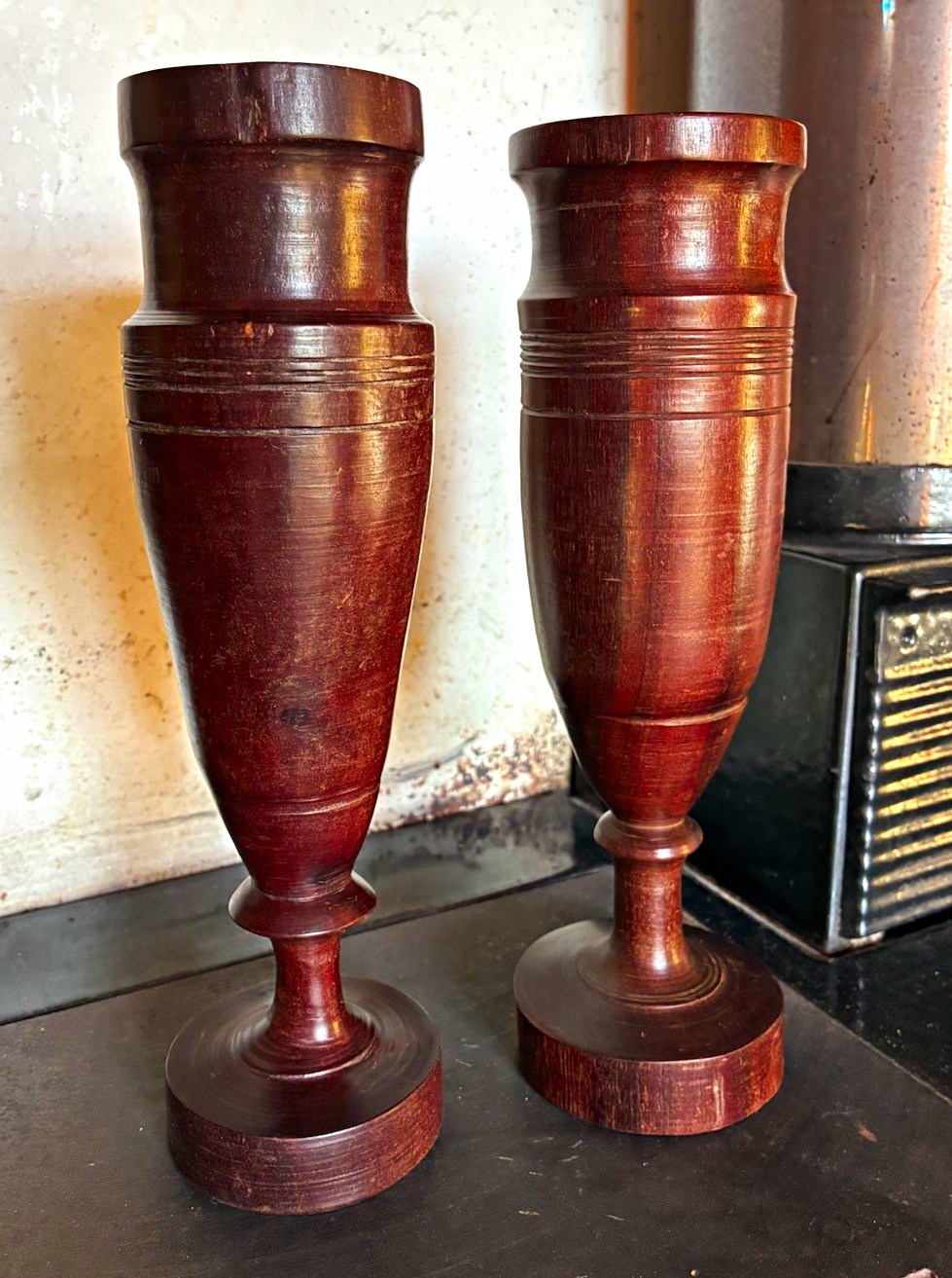 Vintage Hand Turned Ironwood Goblet Vase Pair Mid Century Treenware Chalice Vintage Hand Turned Ironwood Goblet Vase Pair Mid Century Treenware Chalice