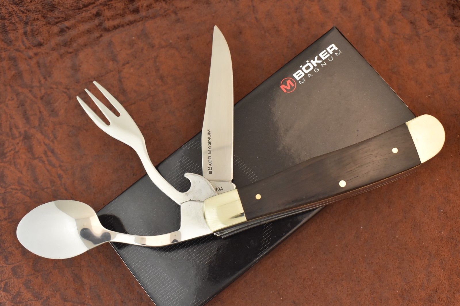 BOKER MAGNUM TREE BRAND SMOOTH EBONY WOOD HOBO TRAPPER KNIFE FORK & SPOON NICE BOKER MAGNUM TREE BRAND SMOOTH EBONY WOOD HOBO TRAPPER KNIFE FORK & SPOON NICE
