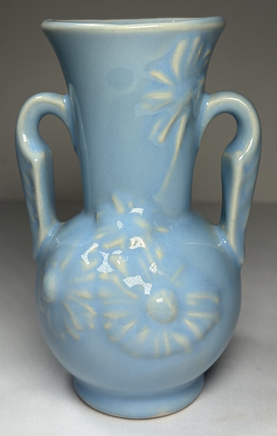 Vintage Blue Shawnee USA Art Pottery Vase Embossed Floral Double Handle 5”
