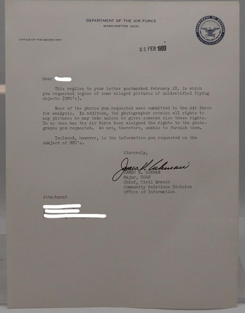 Correspondence US Air Force UFO Sighting 1969 Correspondence US Air Force UFO Sighting 1969