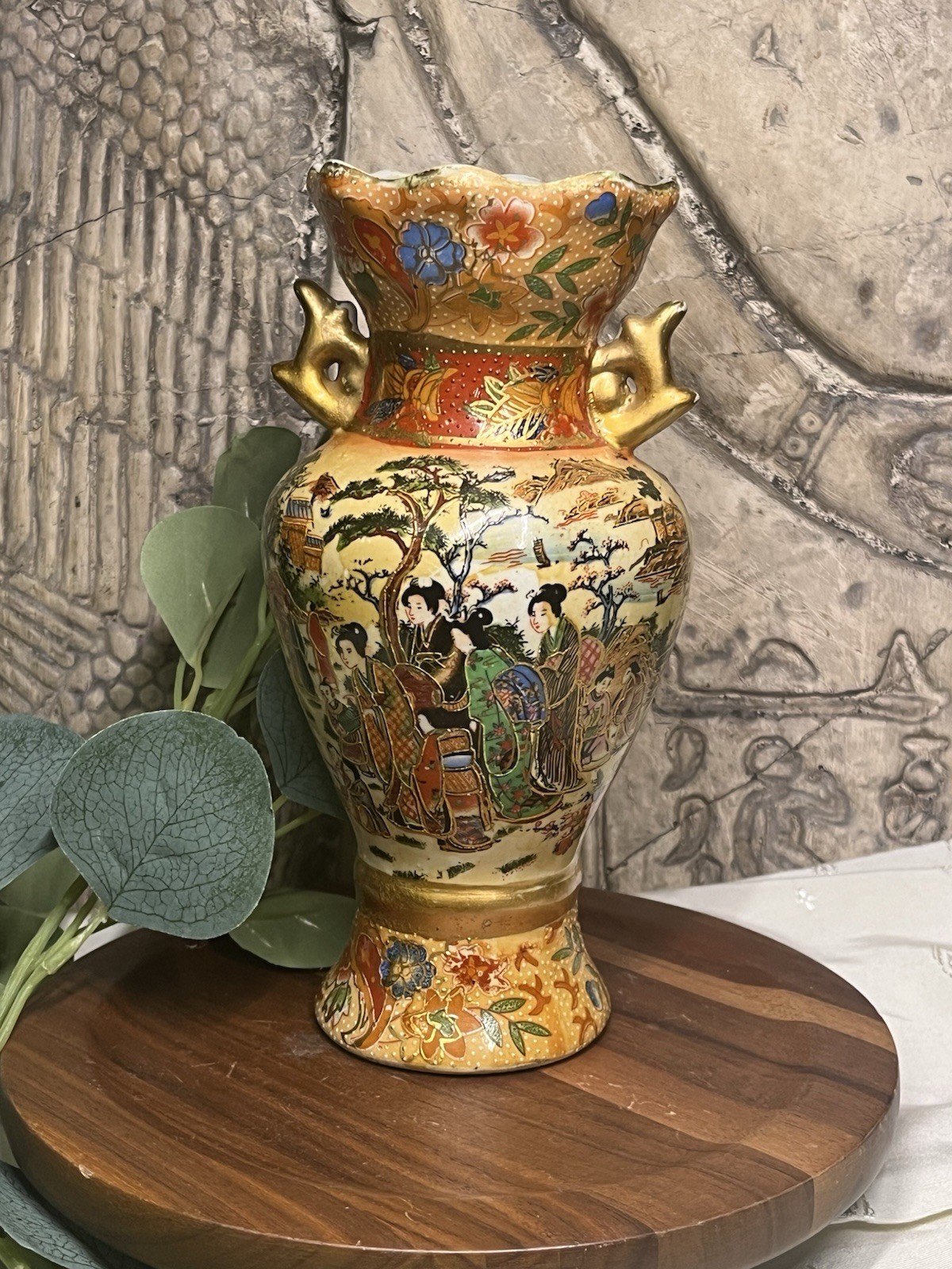 Vintage Decorative Floral & Figural Vase Japanese W Raised Gold Moriage Satsuma