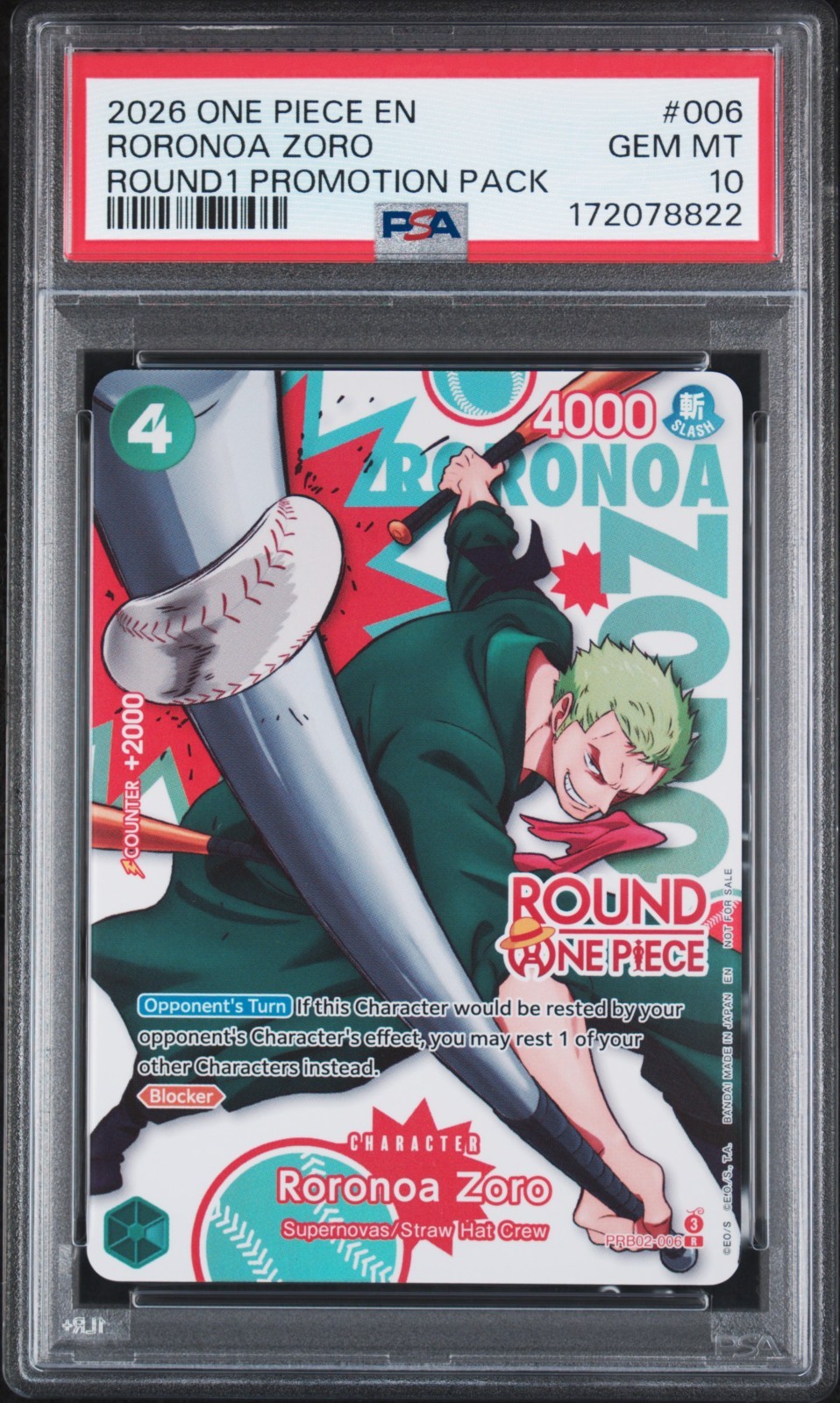 2026 ONE PIECE ROUND1 PROMOTION PACK #006 RORONOA ZORO PSA 10