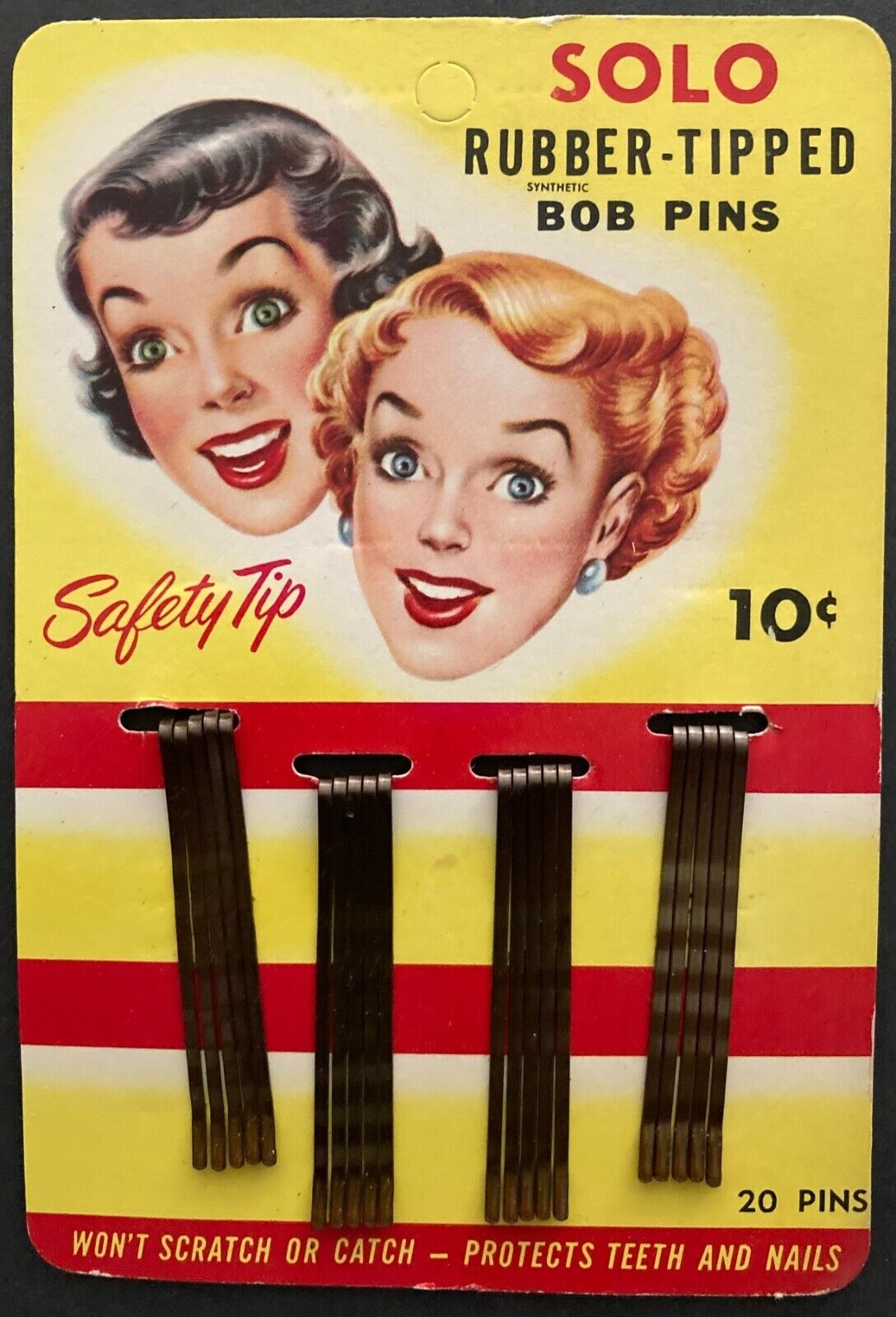 1950\'s Display Card SOLO Rubber - Tipped Bob Pins. Two Beautiful Ladies \
