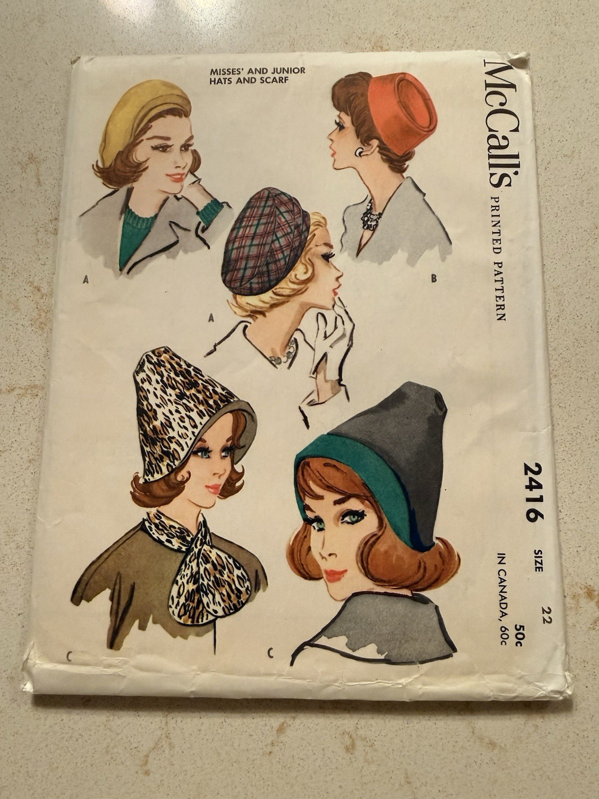 Vintage 60’s McCall's Hat Pattern #2416 Misses and Junior Hats and Scarf MCM Vintage 60’s McCall's Hat Pattern #2416 Misses and Junior Hats and Scarf MCM