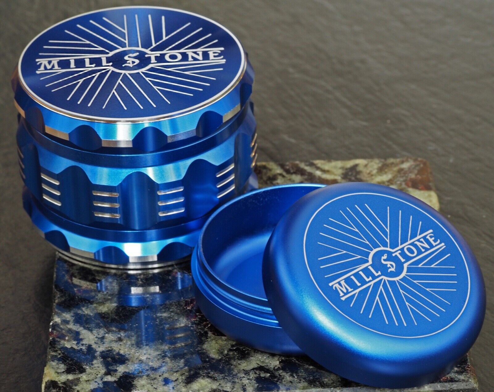 Millstone Tobacco Herb Grinder & Storage Tin Jar Metal 2.5 inch 4-Piece Blue