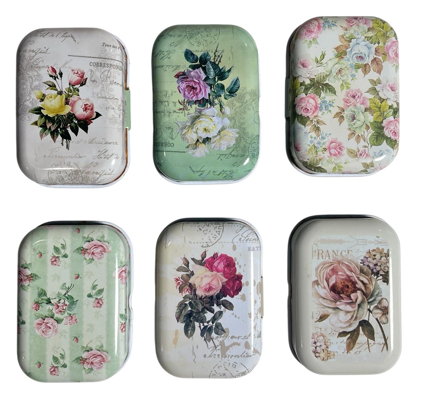 Lot of 6 Vintage French Floral Tin Pill Boxes Metal Hinged Containers Lot of 6 Vintage French Floral Tin Pill Boxes Metal Hinged Containers
