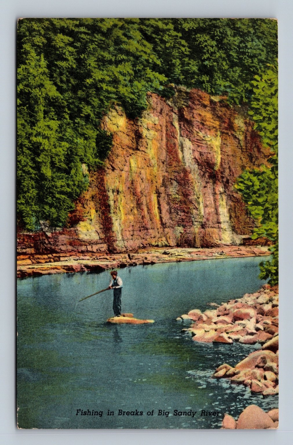Vintage Fishing Big Sandy River Kentucky Linen Postcard Elkhorn City Curteich
