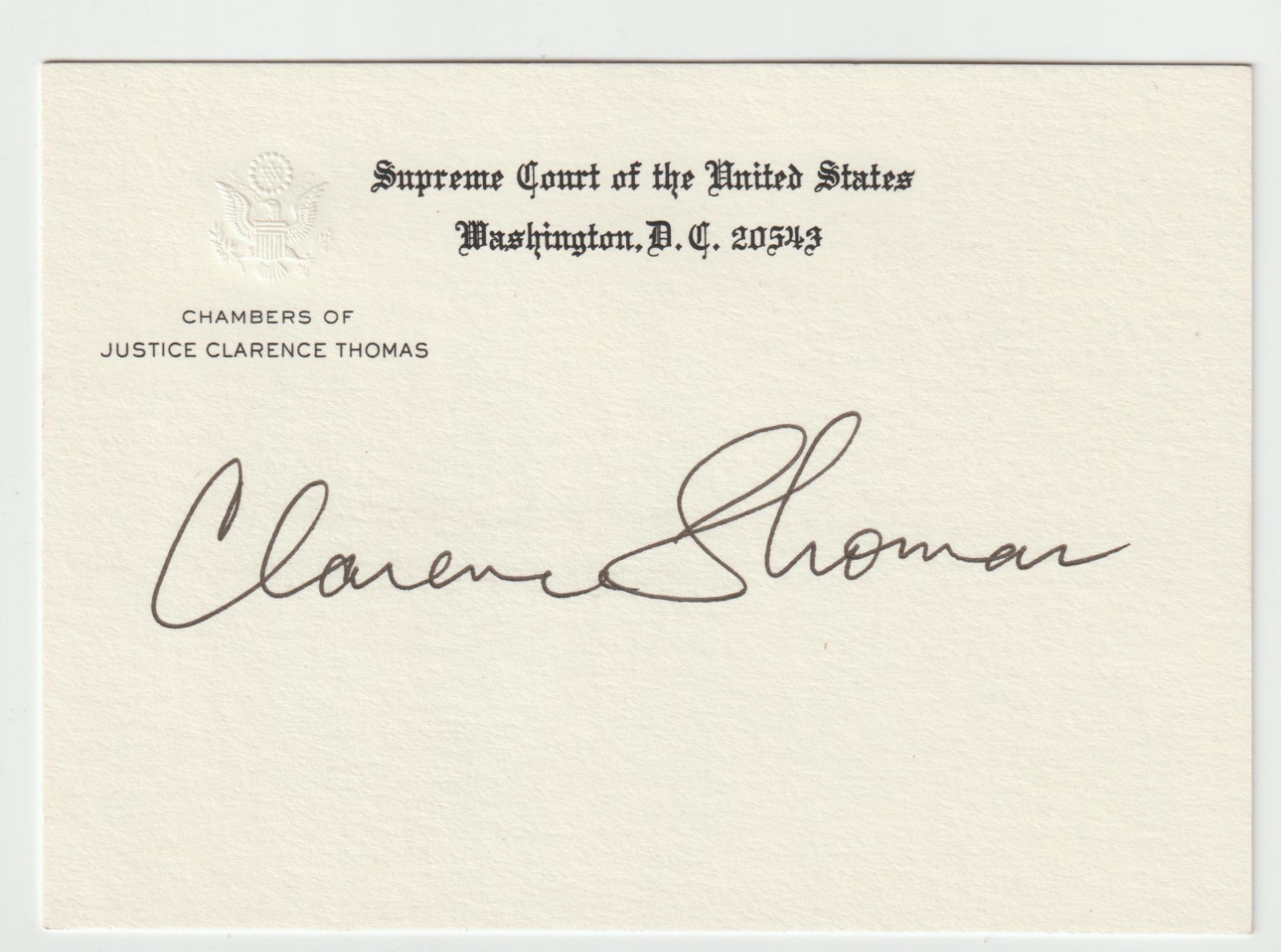 Supreme Court Justice Clarence Thomas, Signed Judges Chamber Card Supreme Court Justice Clarence Thomas, Signed Judges Chamber Card