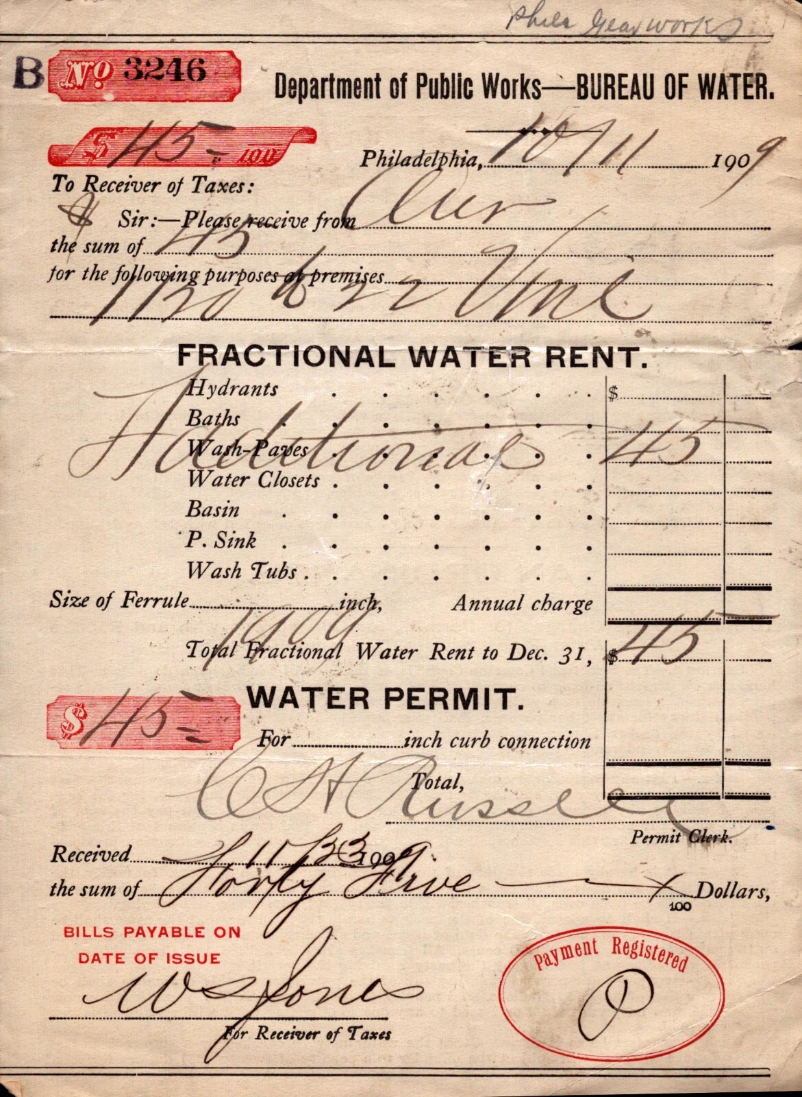 1909 City of Philadelphia Water Bill 1909 City of Philadelphia Water Bill