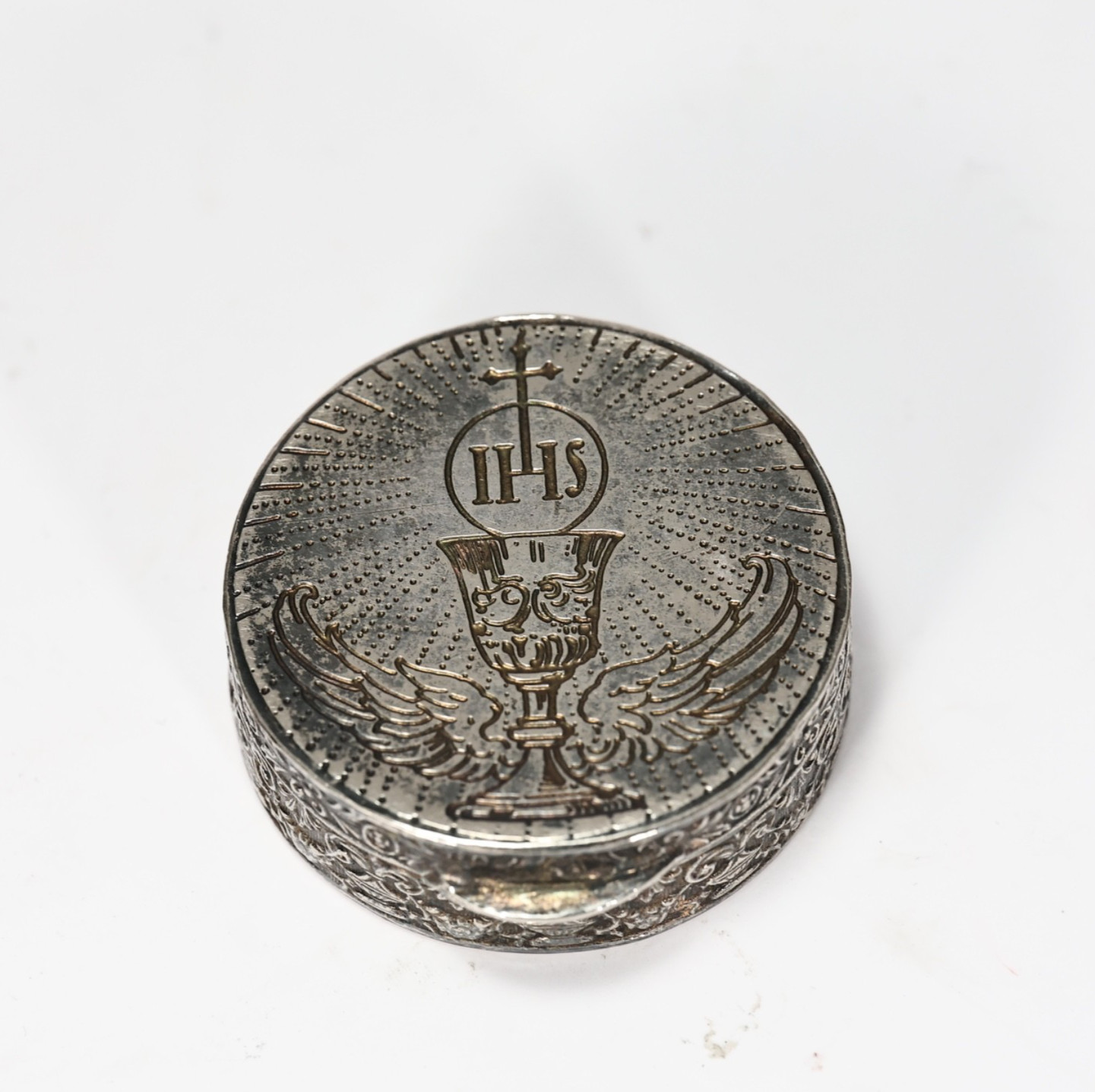 Vintage Catholic Pyx Box, IHS Holy Chalice Sterling Silver Religious Box