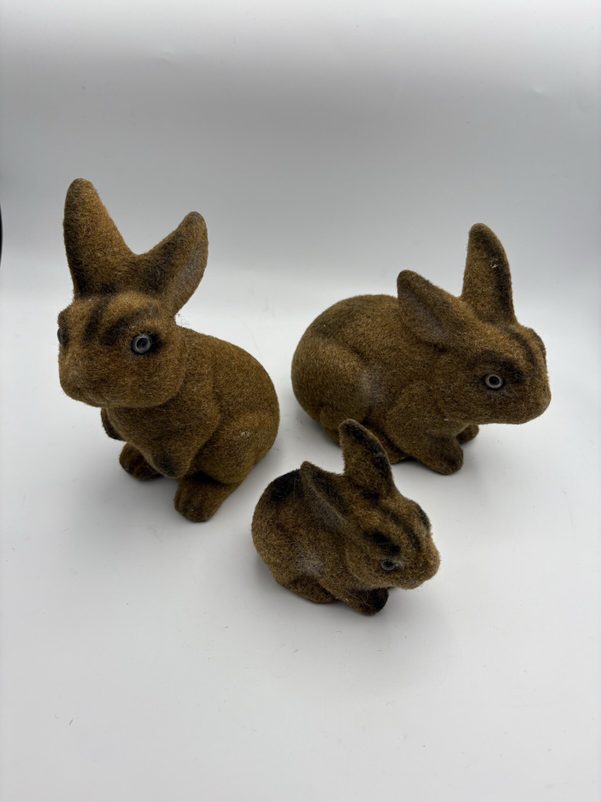 Vintage Set Of 3 Flocked Plastic Bunny Rabbit Realistic Brown Figurine Easter Vintage Set Of 3 Flocked Plastic Bunny Rabbit Realistic Brown Figurine Easter
