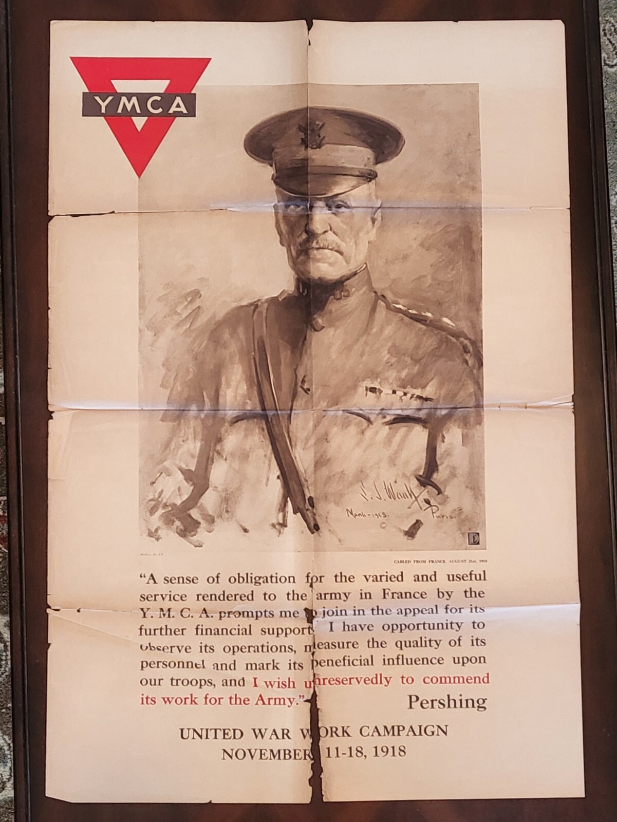Original 1918 WWI US General Pershing YMCA Poster United War Campaign France Original 1918 WWI US General Pershing YMCA Poster United War Campaign France