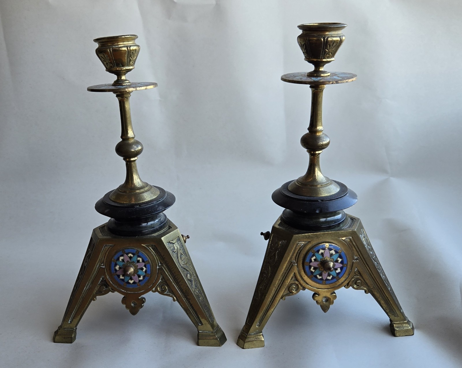 Pair Antique Enameled Bronze Candlesticks Orientalist Arabesque