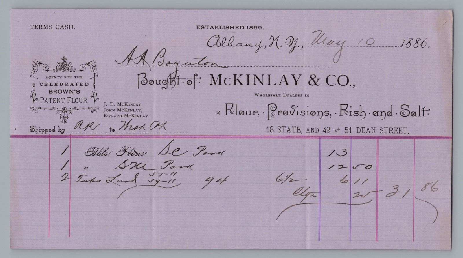 1886 McKinlay & Co Albany NY Billhead Receipt Flour Pork Lard Ephemera 1886 McKinlay & Co Albany NY Billhead Receipt Flour Pork Lard Ephemera