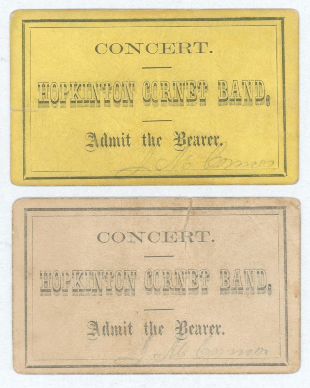 c1860 Hopkinton NH Cornet Brass Band Concert 2 Admission Tickets Civil War Era