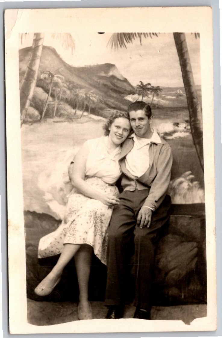 Vintage RPPC Studio Portrait Couple Tropical Backdrop Kodak Real Photo Postcard Vintage RPPC Studio Portrait Couple Tropical Backdrop Kodak Real Photo Postcard