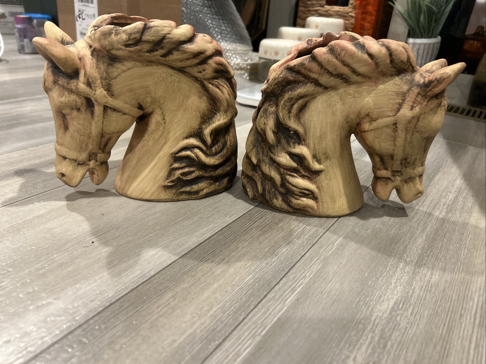 Vintage pair of rustic, carved-style horse head planter vases Vintage pair of rustic, carved-style horse head planter vases