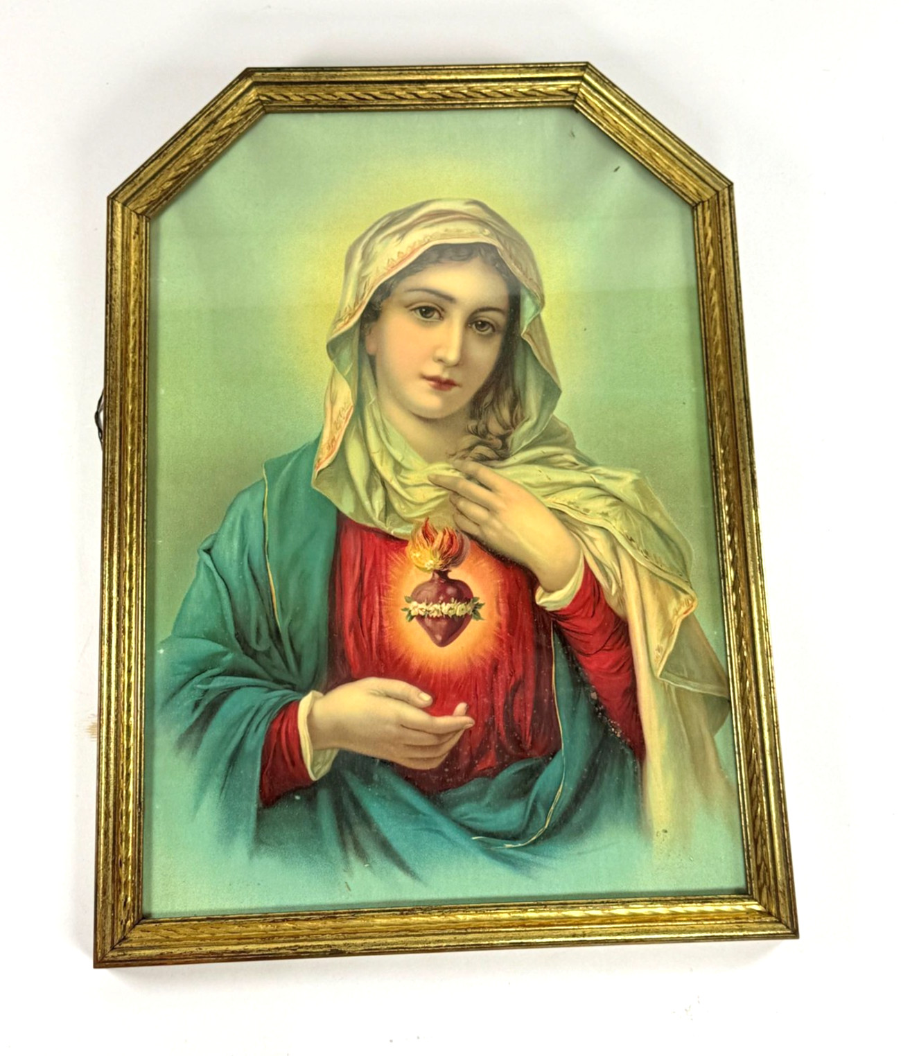 Vintage Immaculate Heart of Mary Religious Print Gold Color Frame 21.5x15.5