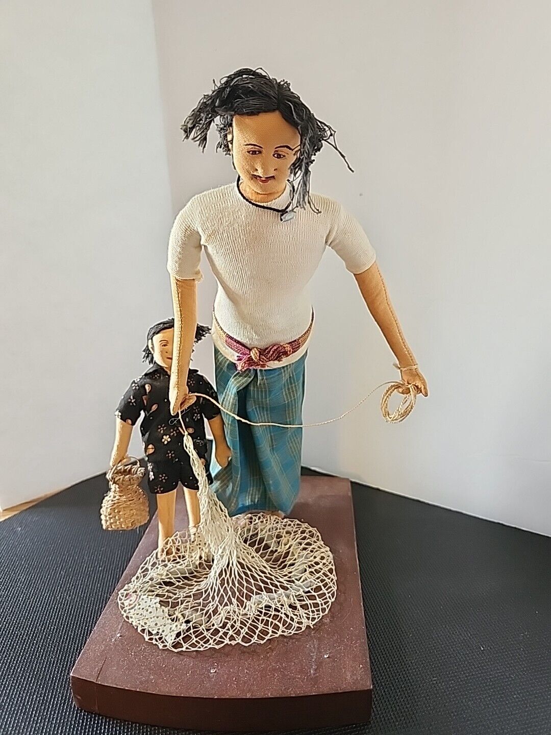 Indian Asian Figurine Man Fishing with Child Wood Base