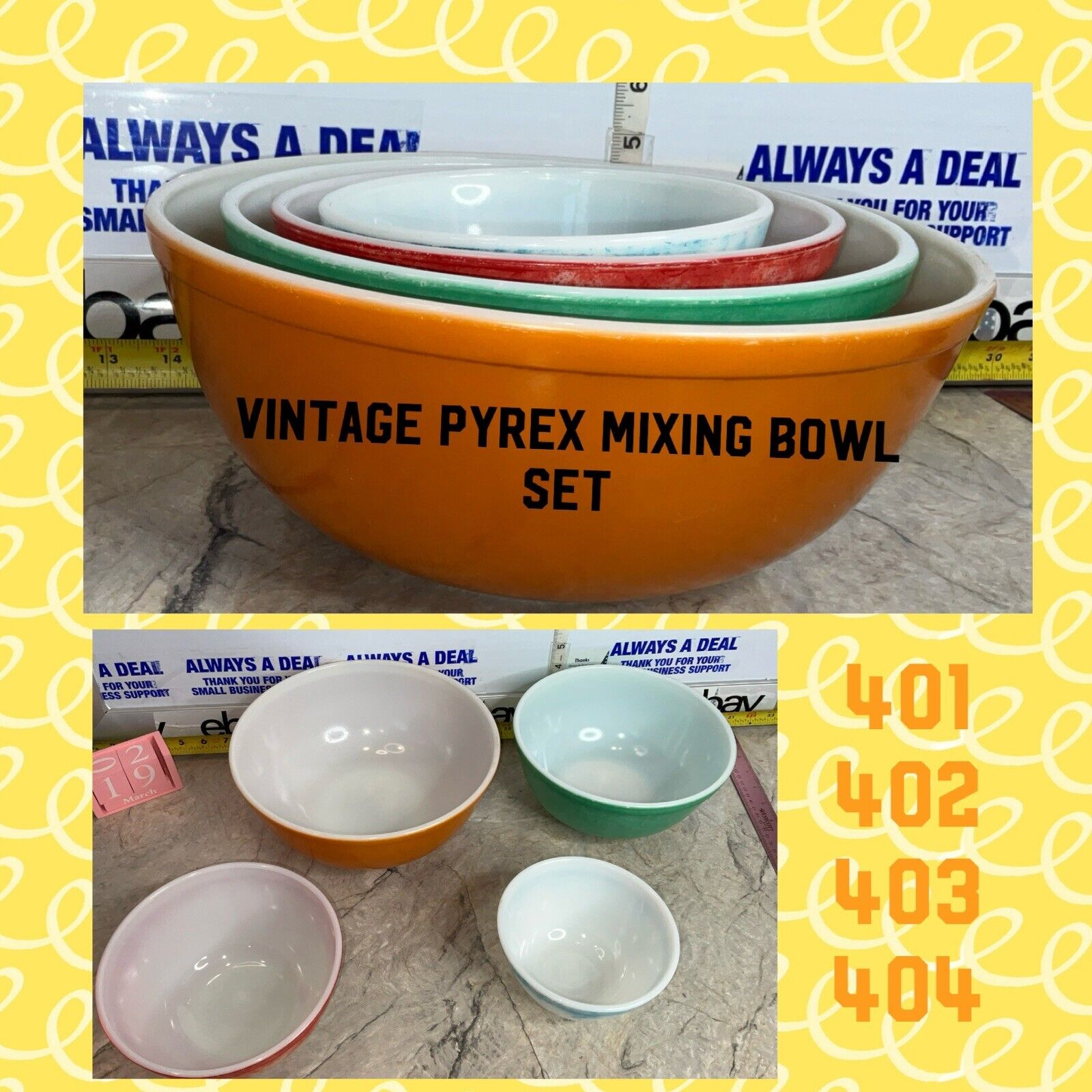 VINTAGE PYREX SET OF 4 PRIMARY COLORS NESTING MIXING BOWLS 401,402,403,404