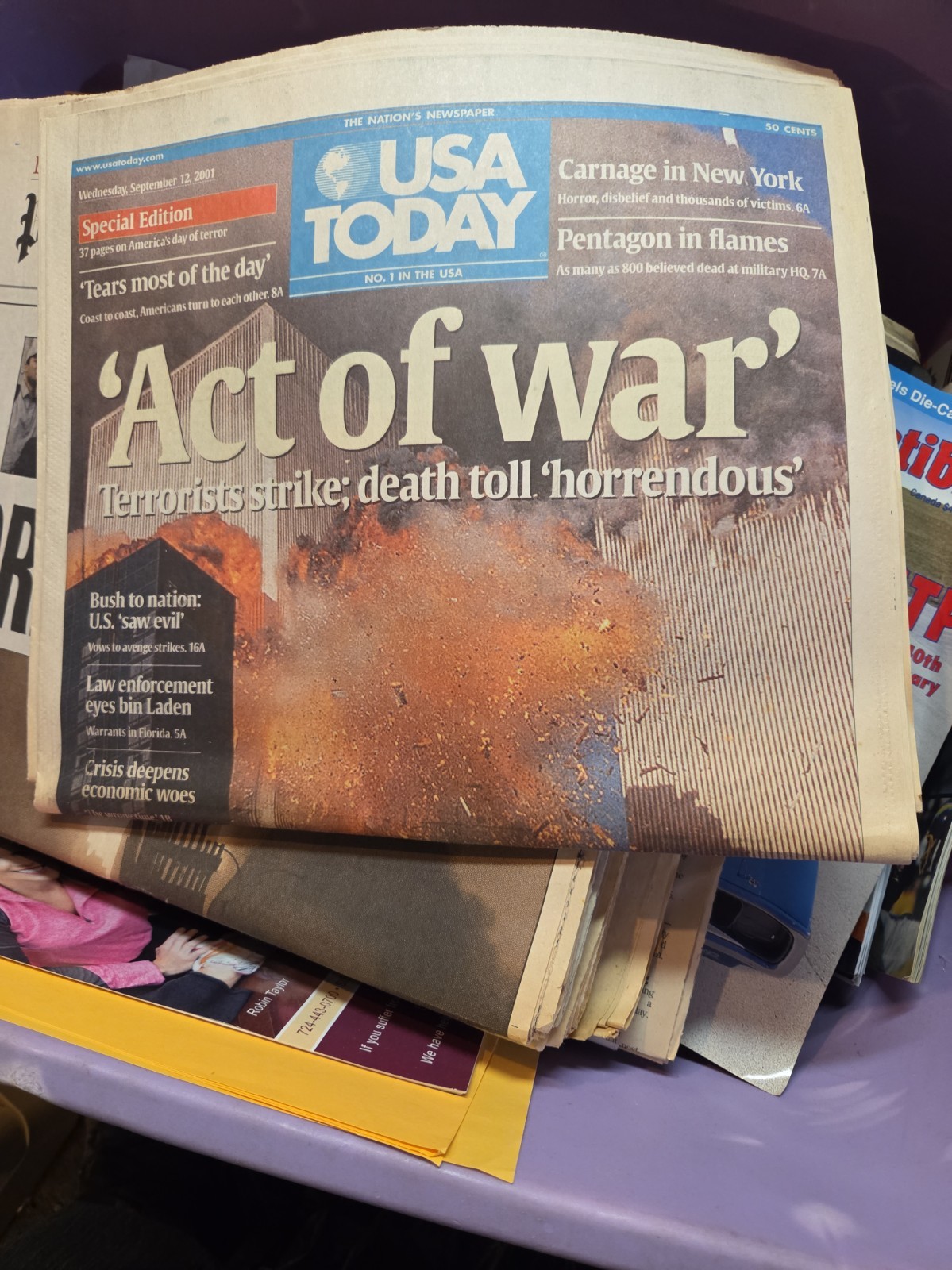 USA Today Wednesday, September 12, 2001 Issue \'Act of War\' Full Edition USA Today Wednesday, September 12, 2001 Issue \'Act of War\' Full Edition