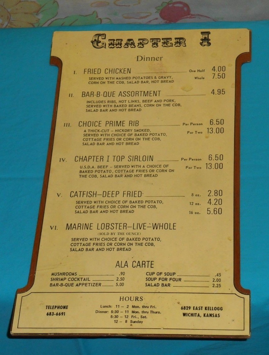 vintage CHAPTER I RESTAURANT MENU Wichita Kansas vintage CHAPTER I RESTAURANT MENU Wichita Kansas