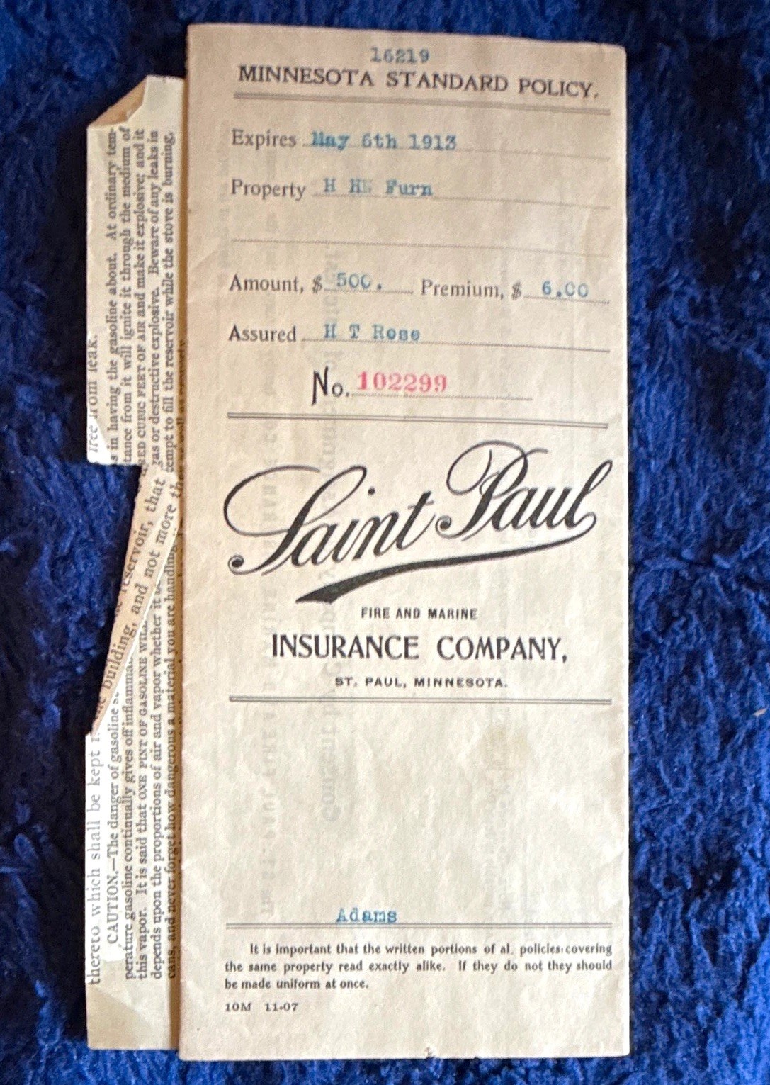 1913 H. T. Rose Deed St Paul Fire & Marine Minnesota Stock Policy With Extras 1913 H. T. Rose Deed St Paul Fire & Marine Minnesota Stock Policy With Extras