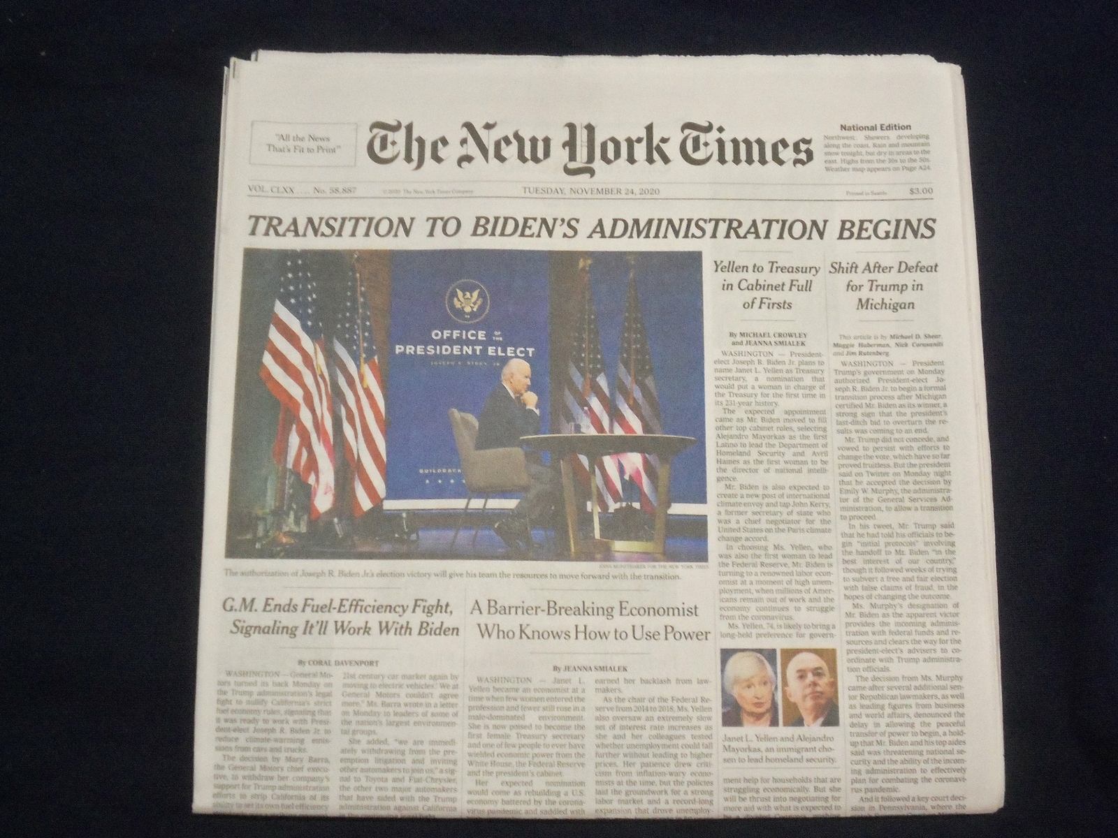 2020 NOVEMBER 24 NEW YORK TIMES - TRANSITION TO BIDEN'S ADMINISTRATION BEGINS 2020 NOVEMBER 24 NEW YORK TIMES - TRANSITION TO BIDEN'S ADMINISTRATION BEGINS