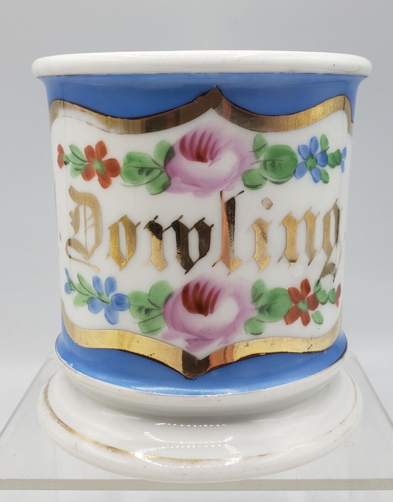 Antique Barber Shaving Mug Germany J.Dowling Name Hand Painted Roses Porcelain
