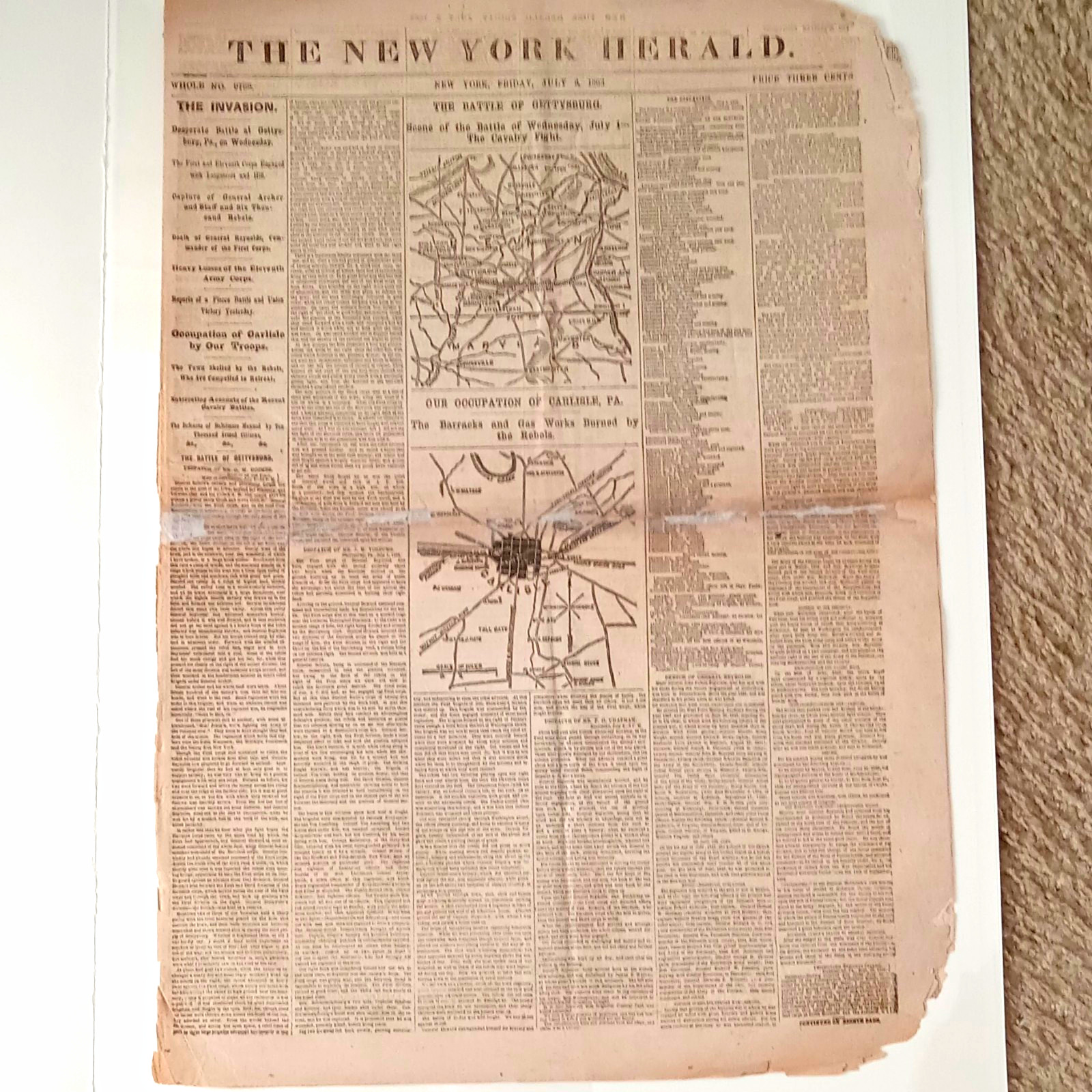 GETTYSBURG - July 3, 1863 - Civil War - New York Herald Newspaper GETTYSBURG - July 3, 1863 - Civil War - New York Herald Newspaper