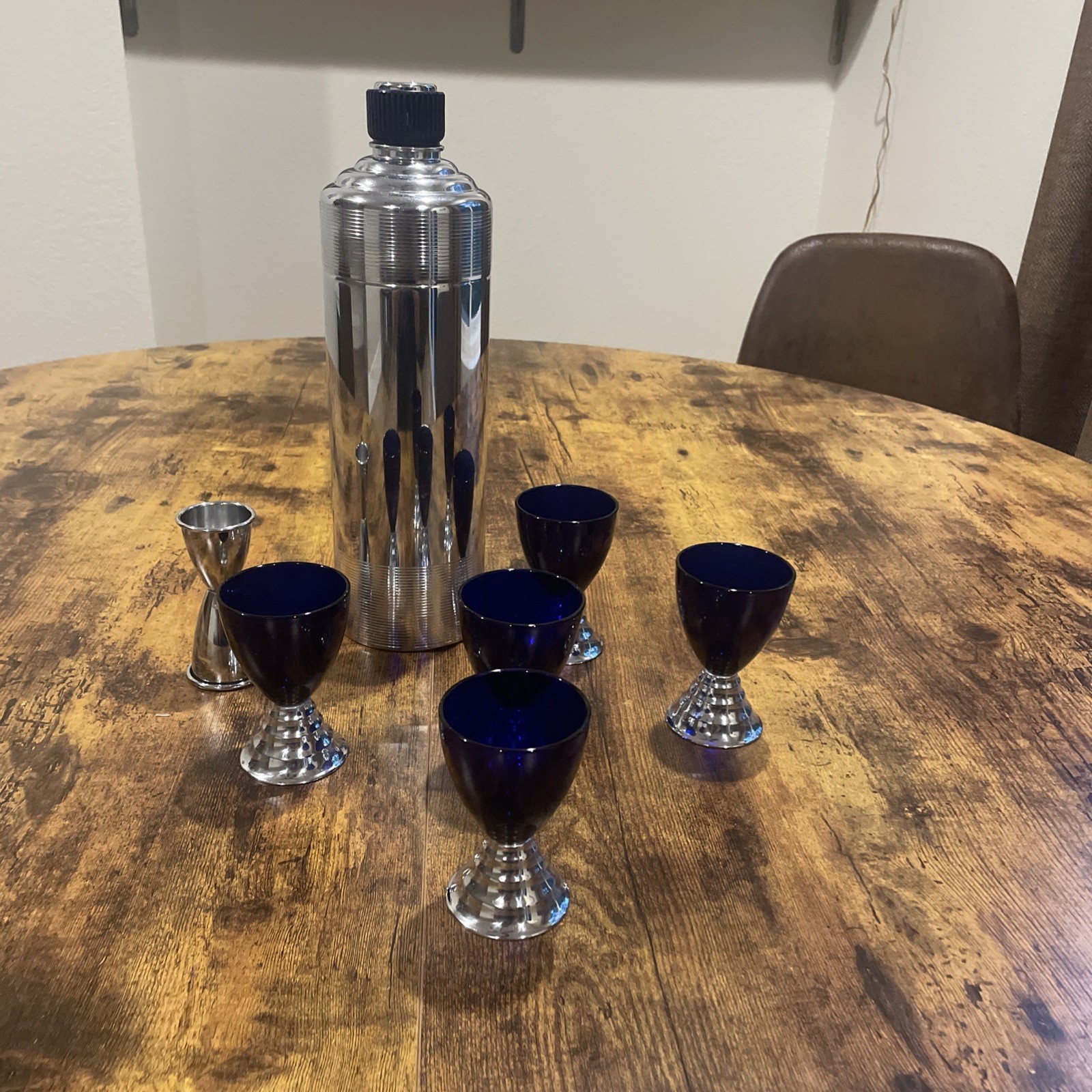 Vintage Chase Blue Doric Art Deco Cocktail Shaker Set Cobalt Glasses Jigger