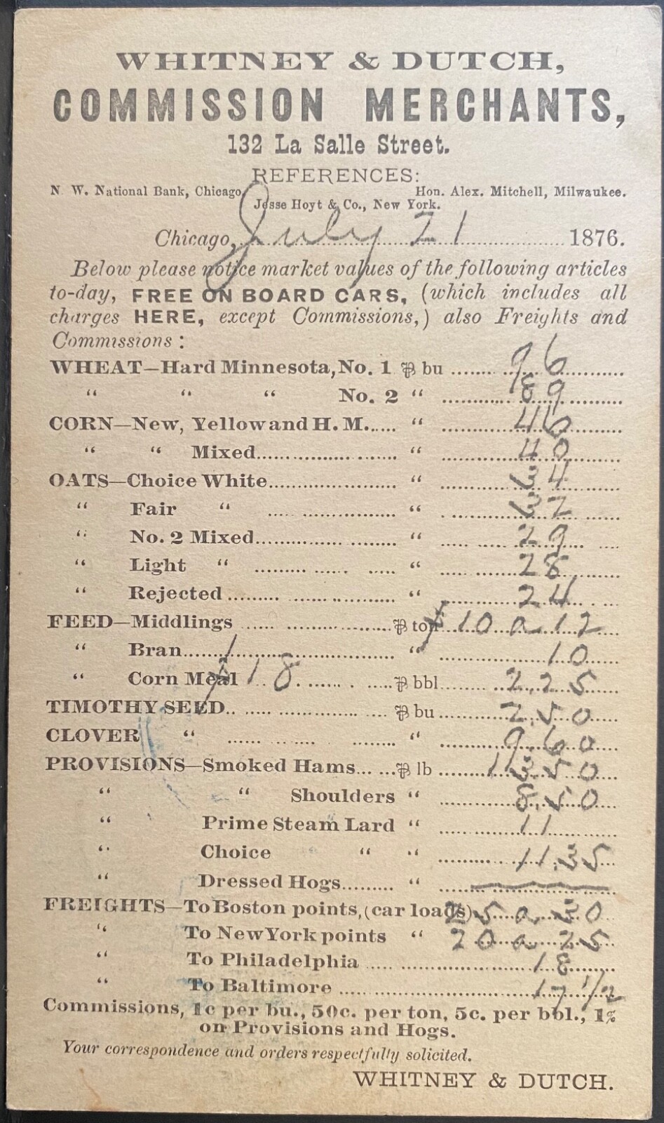 CHICAGO IL WHITNEY & DUTCH COMMISSION MERCHANTS~1876 GOVT POSTAL FREIGHT PRICES CHICAGO IL WHITNEY & DUTCH COMMISSION MERCHANTS~1876 GOVT POSTAL FREIGHT PRICES