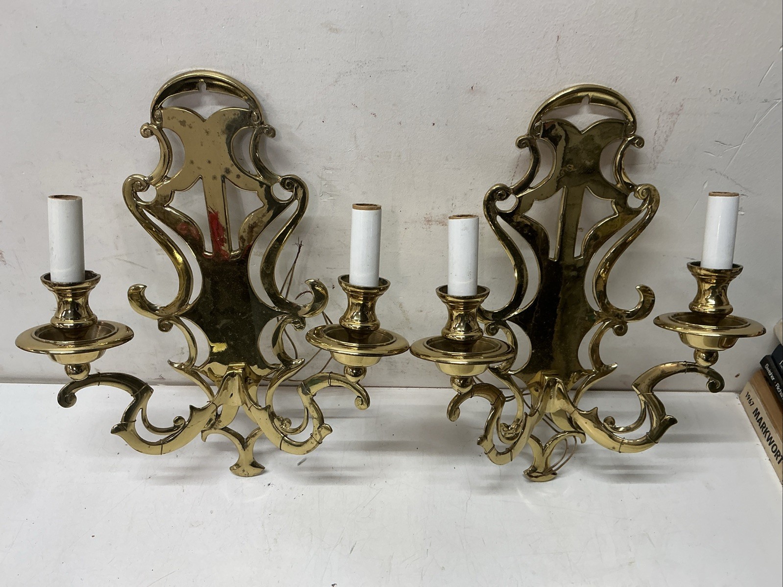 Vintage Pair Brass Two-arm Wall Sconces Electrified Hollywood Regency Style