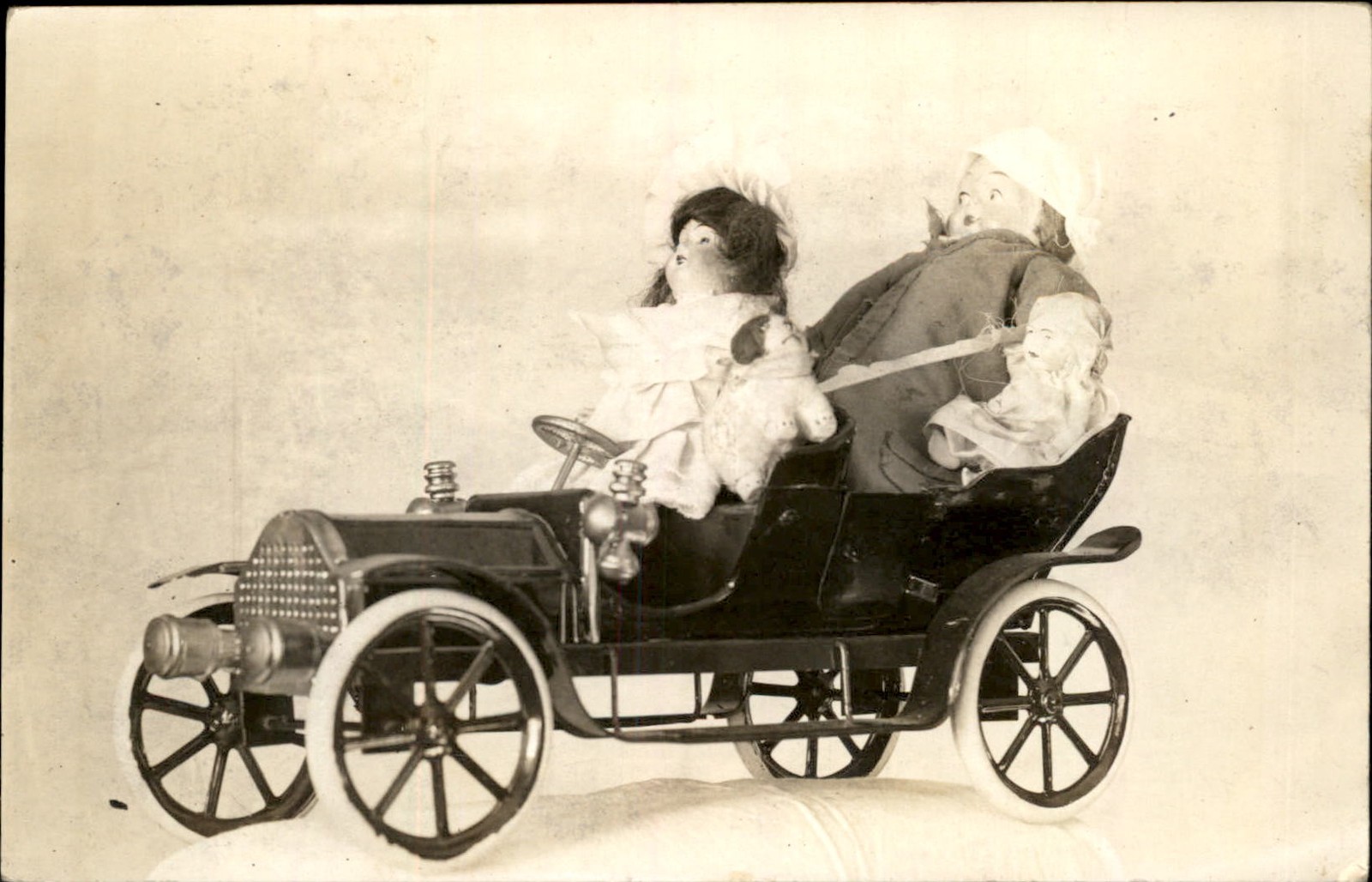 Tin Toy automobile with dolls AMATEUR GOOD MESSAGE c1900s-10s RPPC bhn