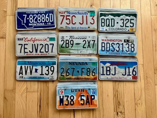 Bulk Lot of 50 License Plates from 10 Different States - 5 of Each State