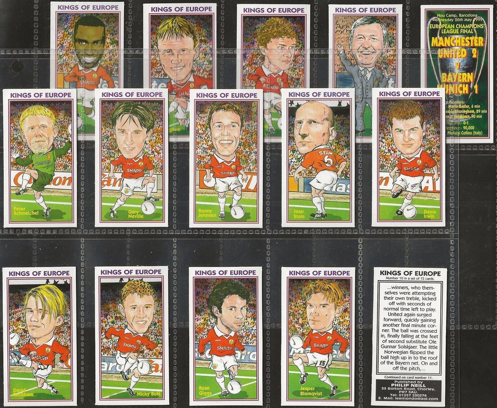 NEILL-FULL SET- FOOTBALL - KINGS OF EUROPE MANCHESTER UNITED 1999 (15 CARDS) 