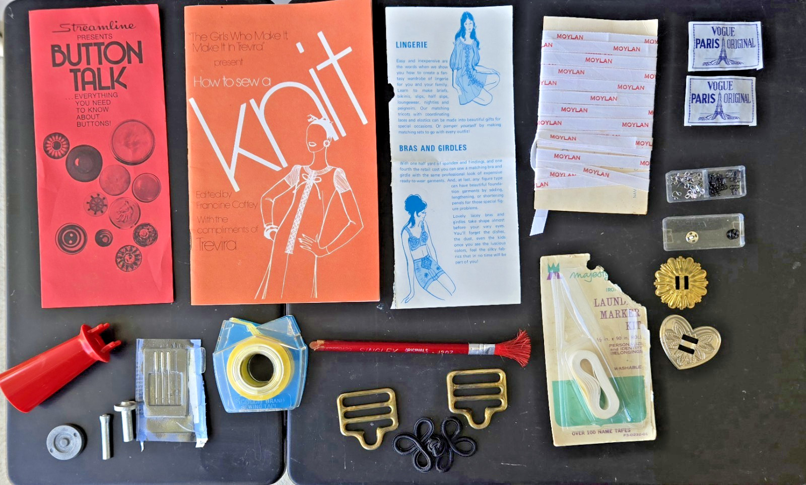 ​Vtg Sewing Notions Lot Spool Knitter Scotch Tape Vogue Labels Buckles Booklets