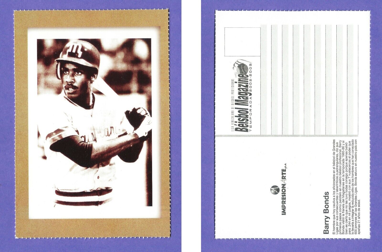 Venezuelan Baseball  postal card BARRY BONDS  brown serie RARE 