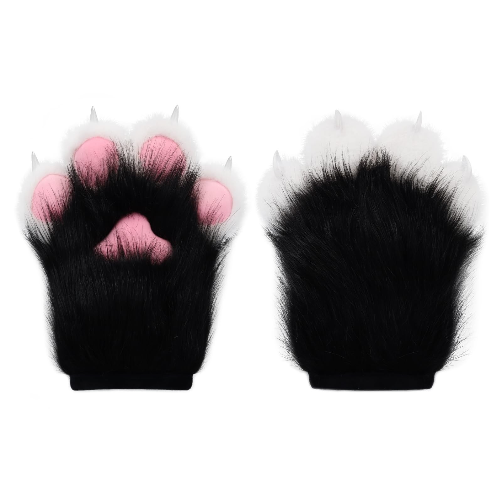 HAOAN Furry Faux Fur Fox Cat Paws Gloves Animal Fursuit One Size, Black White HAOAN Furry Faux Fur Fox Cat Paws Gloves Animal Fursuit One Size, Black White