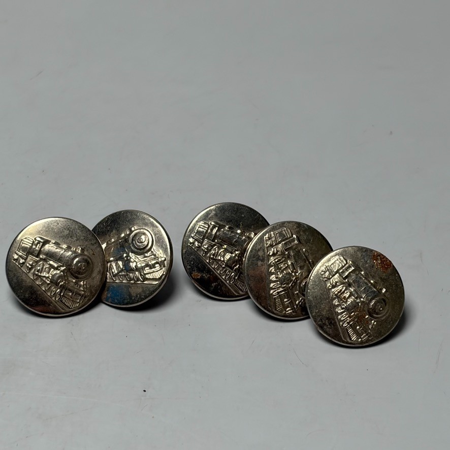 5- Antique Railroad Button Metal Picture Work Locomotive Train Silver Overalls 5- Antique Railroad Button Metal Picture Work Locomotive Train Silver Overalls
