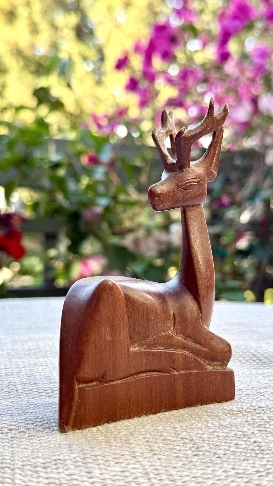 Vintage Bali Indonesia Hand Carved Wood Reclining Deer Stag Figurine MCM Style