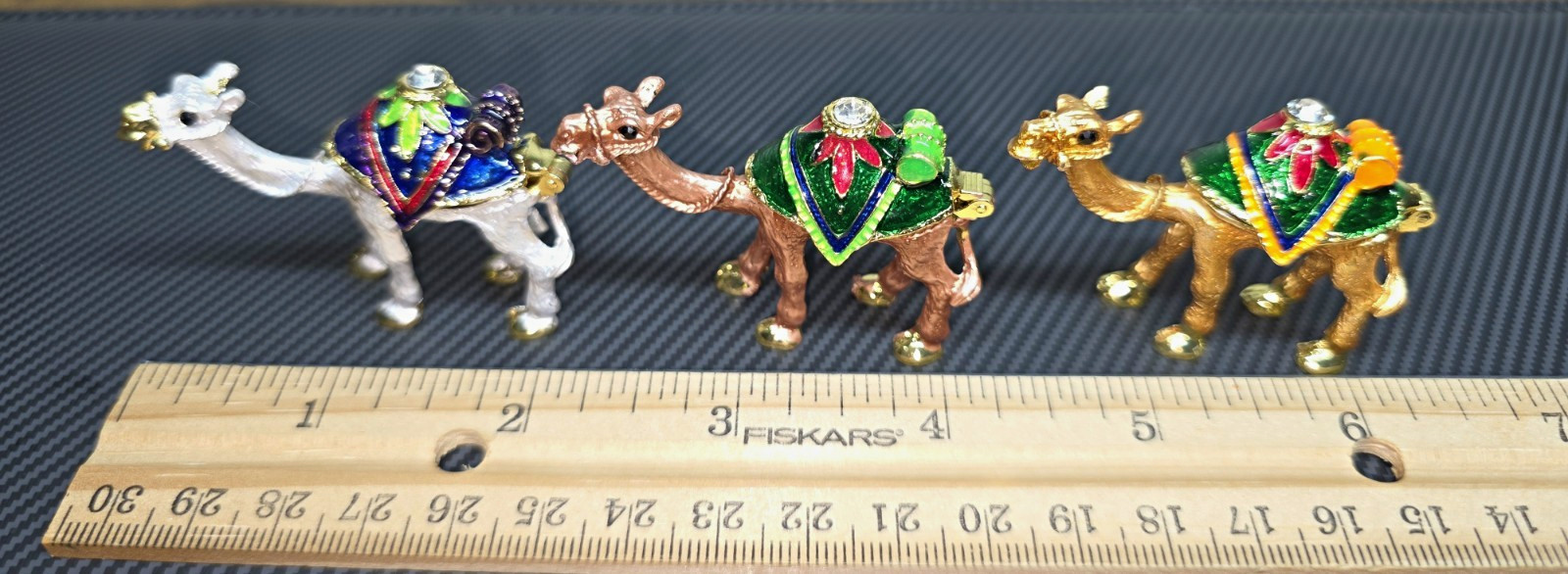 Set of 3 Small Metal Camel Figurines w/ Colorful Enamel Saddle Detail