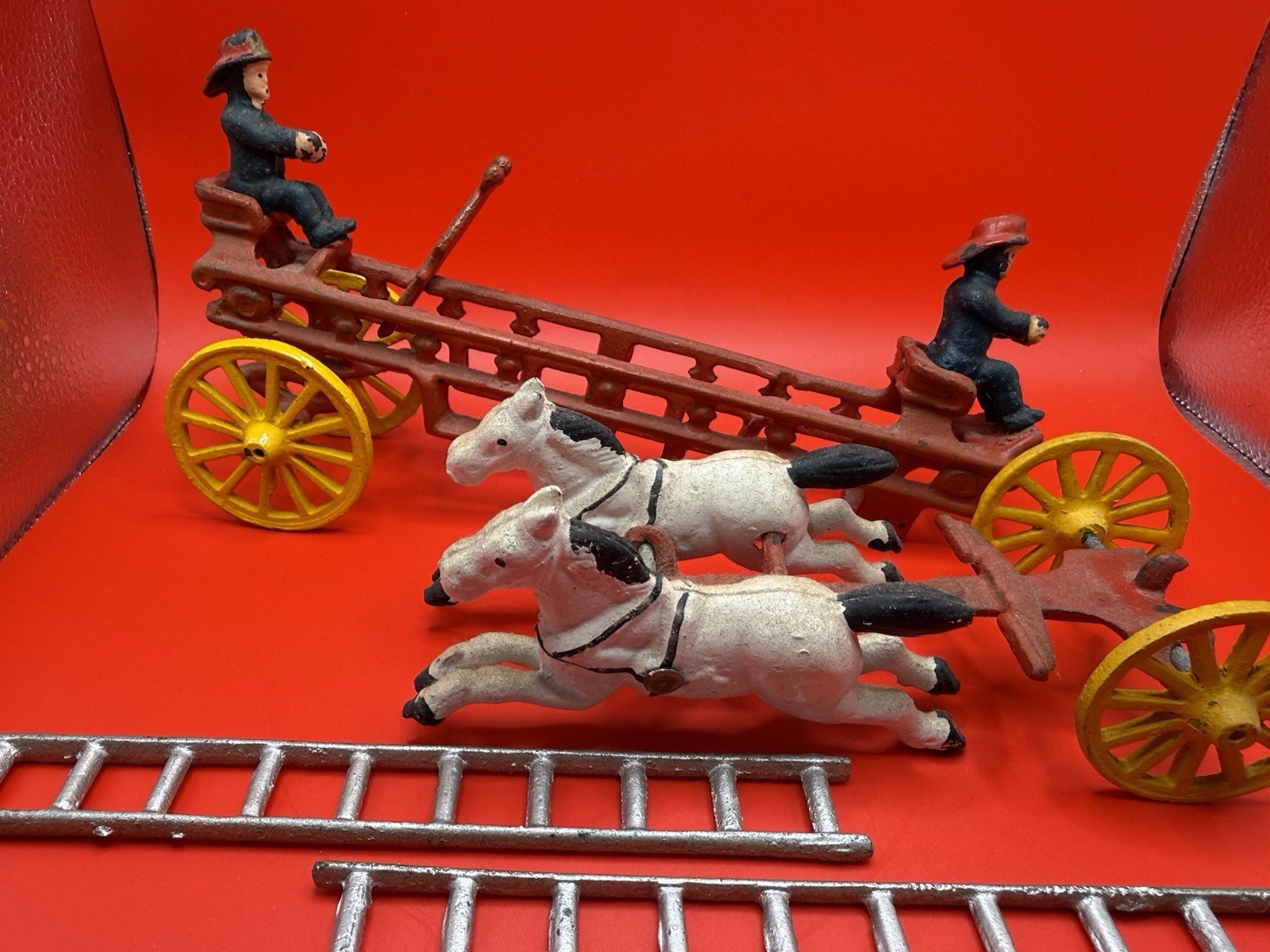 Vintage Cast Iron Horse-Drawn Fire Pumper Engine — Two Horses — Antique Toy Vintage Cast Iron Horse-Drawn Fire Pumper Engine — Two Horses — Antique Toy