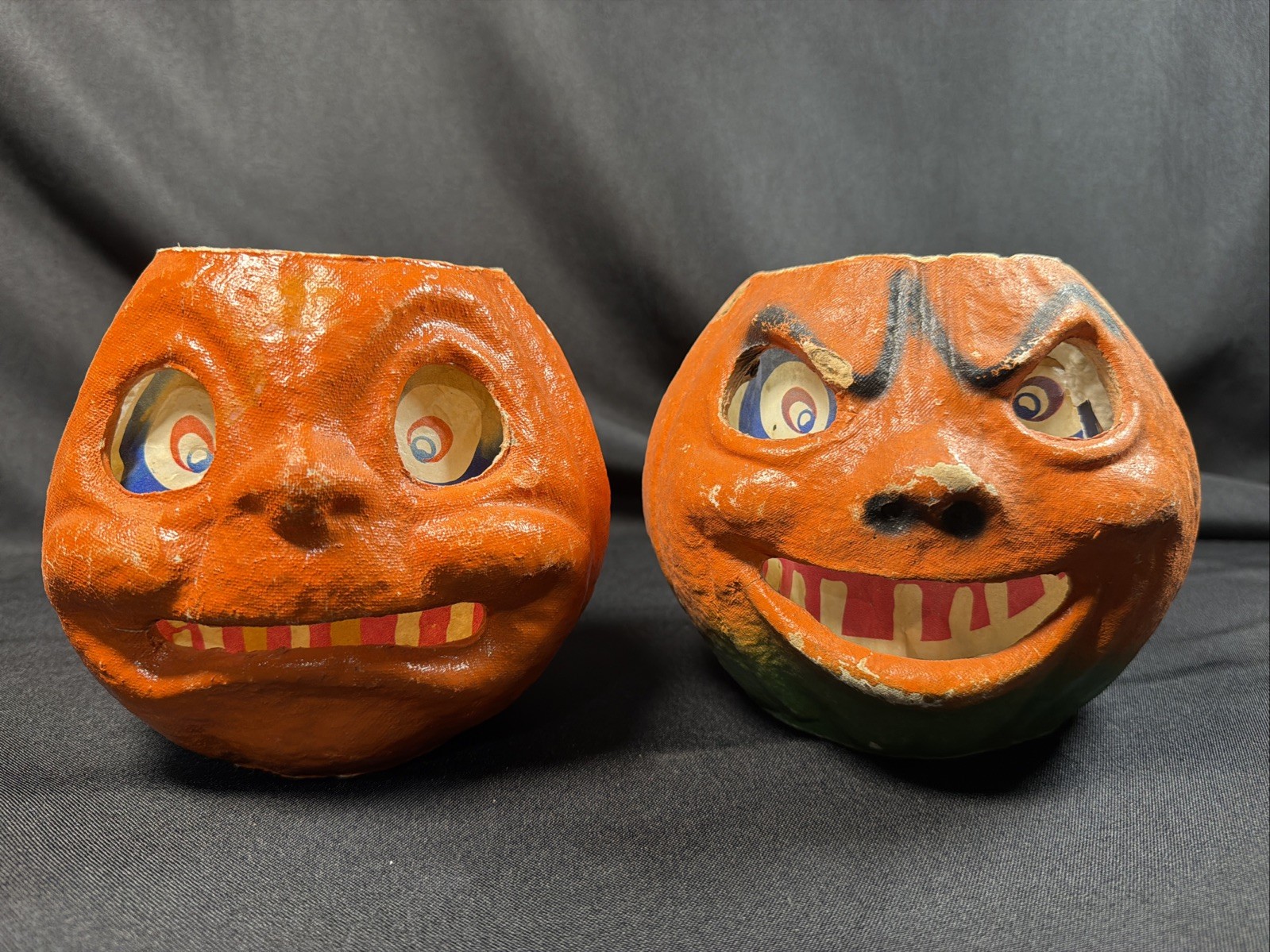 2 Vintage Antique Paper Mache Halloween Pumpkin Jack O Lantern RARE Faces