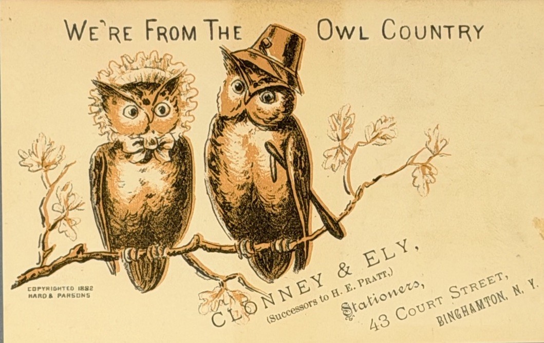 Antique 1882 Owl Trade Card Clonney & Ely Stationers Binghamton NY Hard Parsons Antique 1882 Owl Trade Card Clonney & Ely Stationers Binghamton NY Hard Parsons