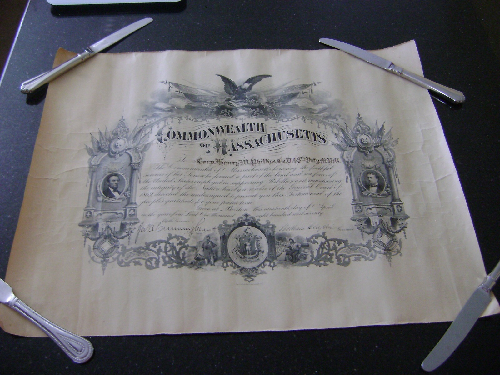 1870 COMMONWEALTH OF MASSACHUSETTS SERVICE AWARD 1870