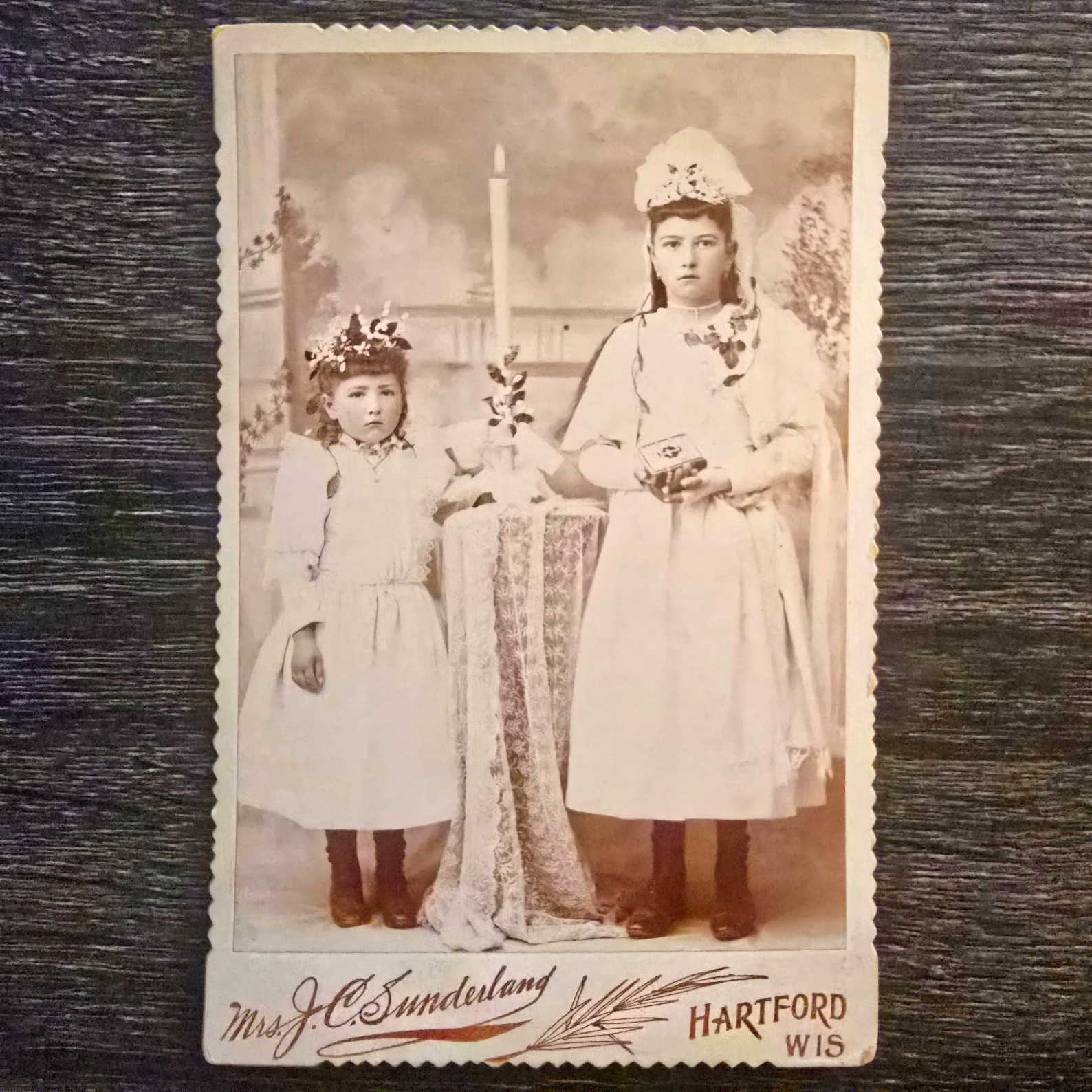 Antique Cabinet Card Girls Confirmation Bible Cross Rosary Candle Hartford WI