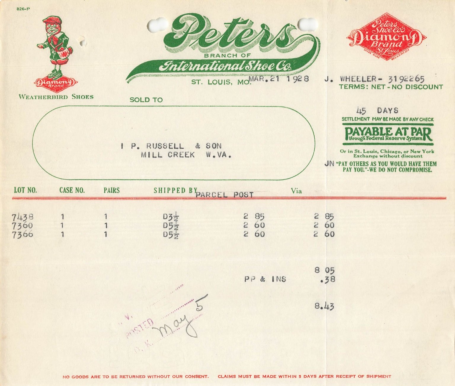 1928 Peters Weatherbird Shoes Invoice St. Louis MO to Mill Creek WV Ephemera 1928 Peters Weatherbird Shoes Invoice St. Louis MO to Mill Creek WV Ephemera